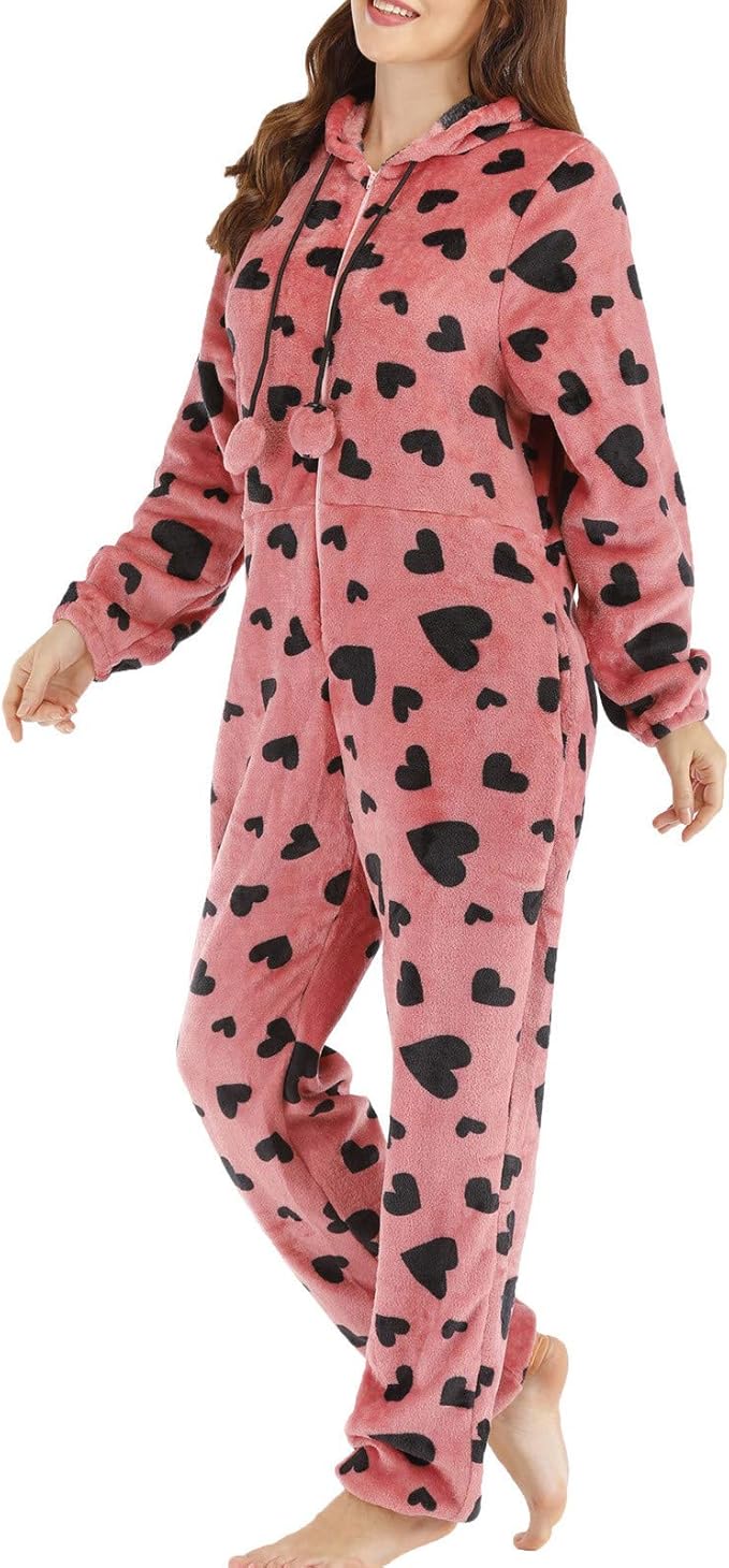 Long Sleeve Jumpsuit Women Pajamas ,Ladies Red Love Printed Zipper