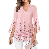 VALOLIA Women's 3/4 Sleeve Floral Tunic Tops V Neck Double Layers Loose Fit Mesh Blouses Shirt