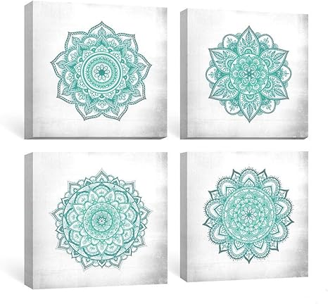 Amazon Com Sumgar Blue Wall Art Bedroom Boho Decor Mandala Canvas Paintings Teal Flowers Framed Pictures Bathroom Aqua Floral Prints Indian Bohemian Artwork Yoga Spa Home Decorations Geometric 4 Piece 12x12 In Posters