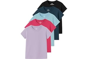 Real Essentials 5 Pack: Girls' Cotton Short Sleeve Crew Neck T-Shirt - Athletic Tee Shirt for Teens Kids Youth (Ages 4-16)