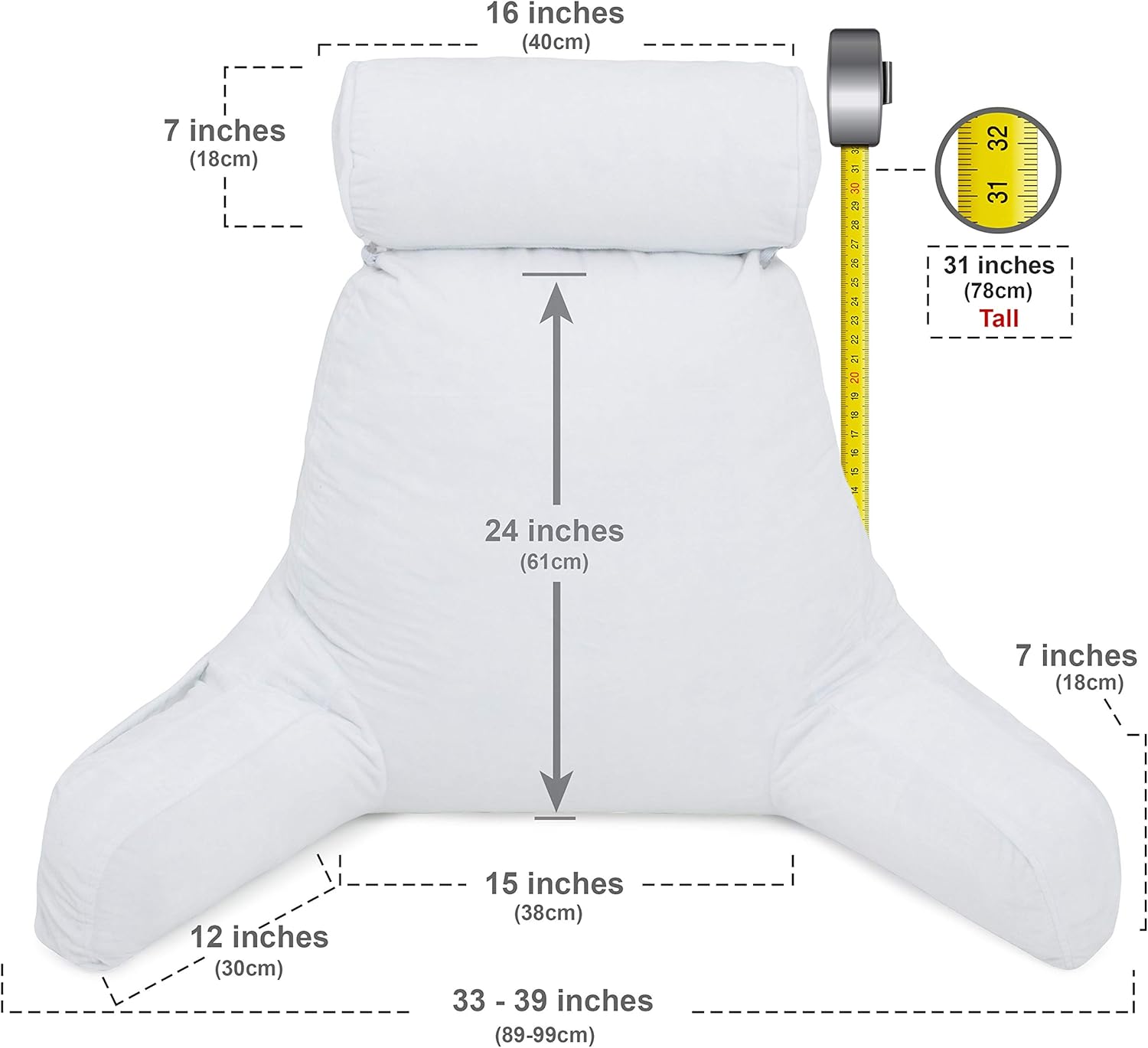 Husband Pillow - White, Big Backrest Reading Bed Rest Pillow with Arms, Plush Memory Foam Fill, Remove Neck Roll Off Bungee, Change Covers, Zipper On Shell of Bed Chair for Adjustable Loft: Home & Kitchen