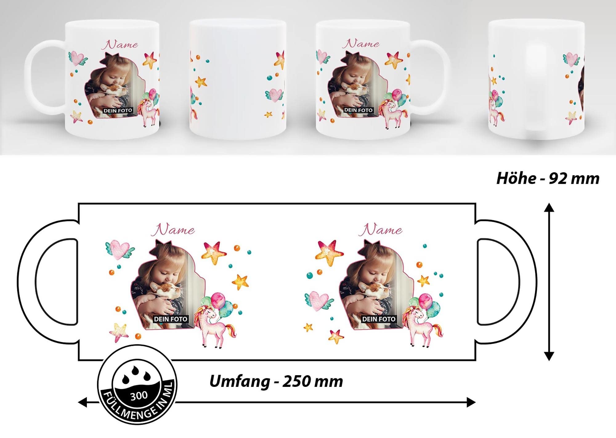Kinder-Tasse mit Tiermotiv Einhorn - mit Foto & Name selbst gestalten - Für Mädchen & Jungen - BPA-freie Kunststoff-Tasse, 300 ml I Personalisiertes Geschenk für Kinder 6