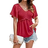 HEYTALALA Women's Summer Peplum Tops Ruffle Trim Short Sleeve Casual V Neck Smocked Blouses Dressy Shirt Red XXL