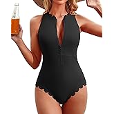 Charmo Scalloped Ribbed One Piece Swimsuit Zipper Racerback Bathing Suit Athletic Swimwear