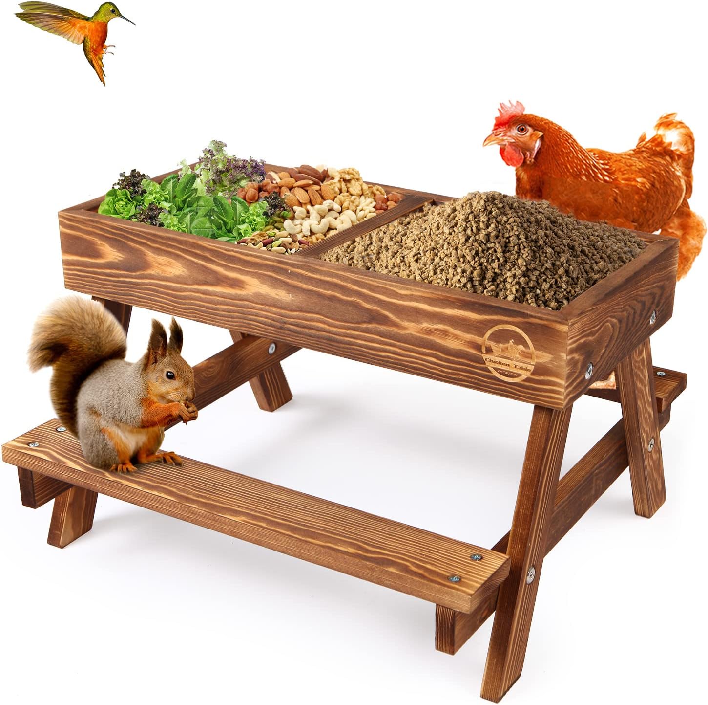 Backyard Birding & Wildlife - Chicken Table No Waste, Chicken Picnic Feeder Handmade Carbonized Wooden, Large DIY Chicken Feeder Kit, Wild Bird, Duck & Squirrel Feeders, Mesh Bottom Keep Food Fresh and Dry Easy to Clean and Fill