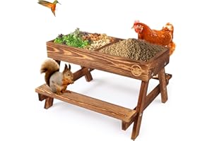 CHTSJQW Chicken Table No Waste, Chicken Picnic Feeder Handmade Carbonized Wooden, Large DIY Chicken Feeder Kit, Wild Bird, Duck & Squirrel Feeders, Mesh Bottom Keep Food Fresh and Dry Easy to Clean and Fill
