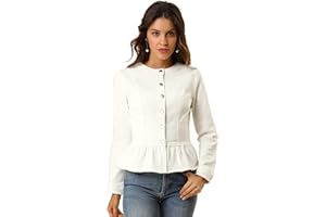 Allegra K Women's Peplum Denim Jackets Round Neck Button Down Cropped Ruffle Hem Coat