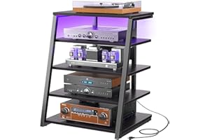 Armocity 5-Tier AV Media Stand with Power Strips, Media Console with LED Lights, Audio Tower Rack with Adjustable Shelves, Stereo Stands and Racks, 40.8'', Black Ebony