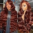 YINGRUN 26 Inch Reddish Brown Lace Front Wig - Human Hair Body Wave Lace Front Wig - 180% Density - Pre Plucked with Baby Hair - Auburn Brown