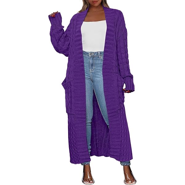 EFOFEI Women's Open Front Cable Knit Cardigan - Long Sleeve Loose Sweater, Purple, Size 2XL, Polyester/Cotton