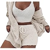 Famnbro Women's Sexy Fuzzy 3 Piece Outfits Fleece Warm Hooded Cardigan Crop Top Shorts Set Pajamas Loungewear