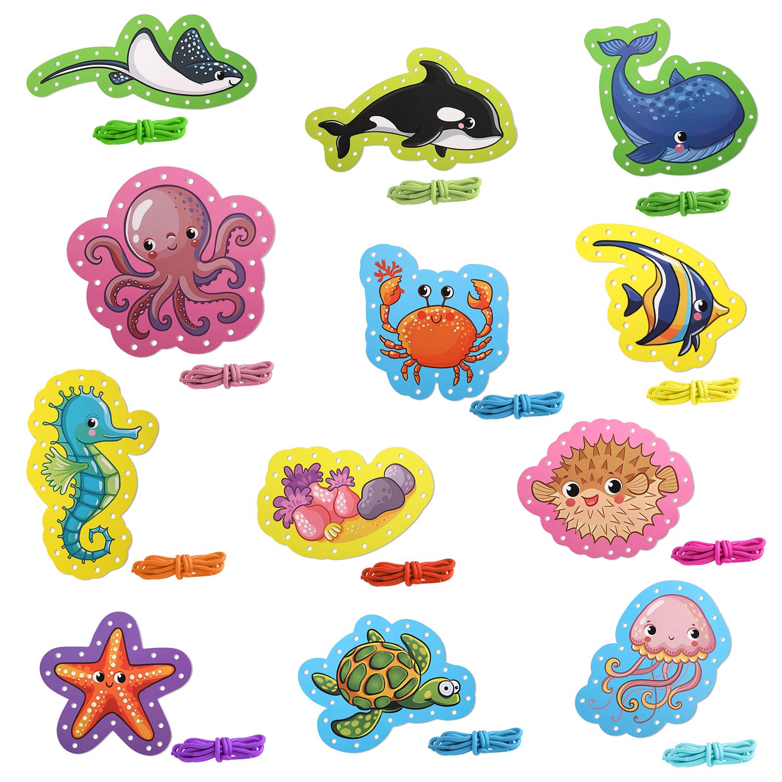 NQEUEPN 12pcs Lacing Cards for Kids, Threading Toys Double Sided Sea Animals Sewing Cards with 12 Colorful Laces Lacing Cards for Children Toddlers Developing Imagination Education Supplies