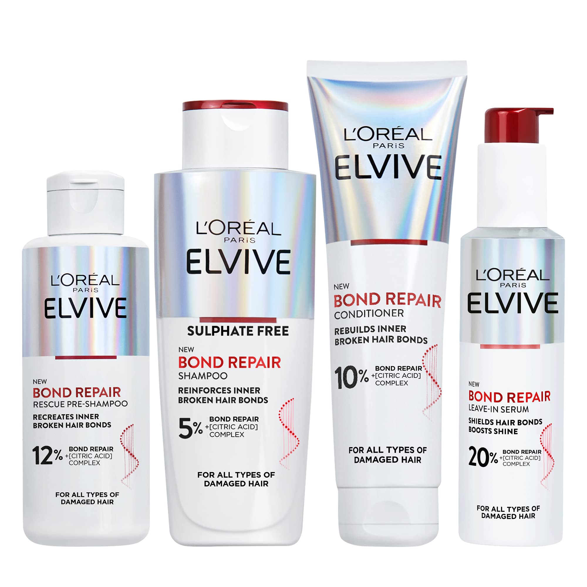 L'Oréal Paris Bond Repair Set For Damaged Hair Repair, Elvive Hero Bundle With Citric Acid Complex, Includes Pre-Shampoo, Shampoo, Conditioner And Leave-In Serum For Maximum Bond Strength And Shine