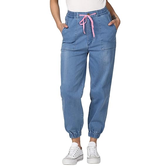 Women's Blue Denim Joggers with Pink Drawstring (3633JoggerPinkStrng)
