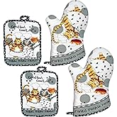 LnQukeji Oven Mitts and Pot Holders Sets, Funny Kitchen Oven Mitts Heat Resistant of 500 Degrees, Pure Cotton Hot Pads and Oven Mitts Sets for Baking,Cooking,BBQ Grilling-White Cat(4Pcs Set)