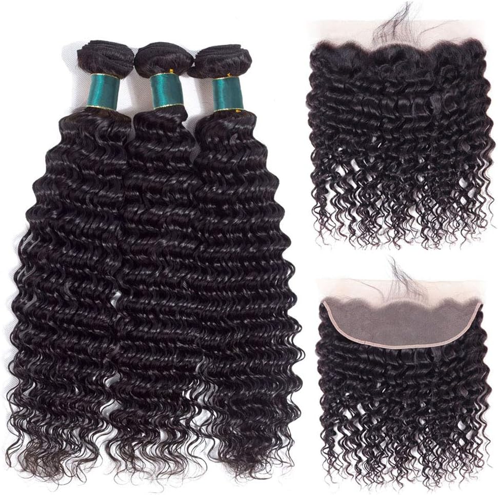 Miss Flower Deep Wave Bundles with Frontal (14 16 18+12 frontal), Deep Curly Virgin Hair Extensions Bundles And Frontal Peruvian Human Hair 3 Bundles with Ear To Ear Lace Frontal Natural Color
