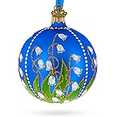 Lilies of The Valley on Blue Glass Ball Christmas Ornament 3.25 Inches