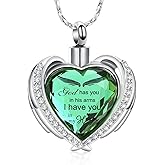 Imrsanl Angel Wing Heart Urn Pendant Necklaces for Women Girls Crystal Birthstone Cremation Jewelry Urns for Human Ashes Memorial Locket Keepsake Jewelry