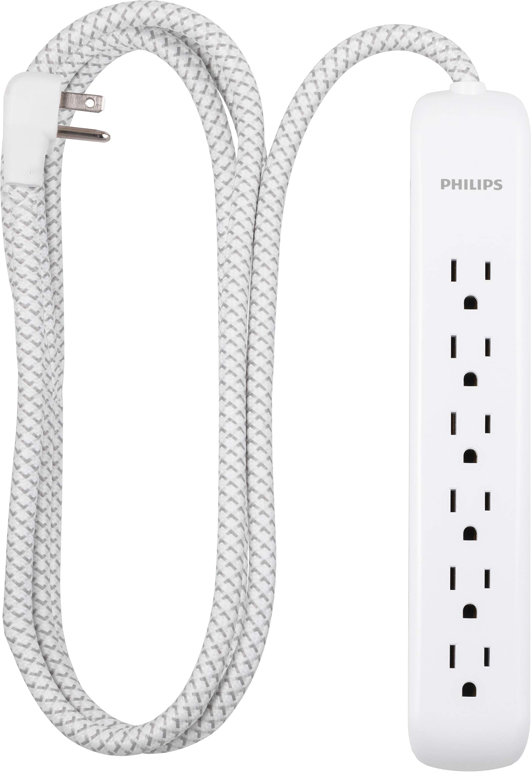 Photo 1 of Philips 6 Outlet Power Strip Surge Protector, 6 Ft Power Cord, Designer Braided Extension Cord, Flat Plug, Perfect for Office or Home Décor, 1080 Joules, White, SPC3054WA/37