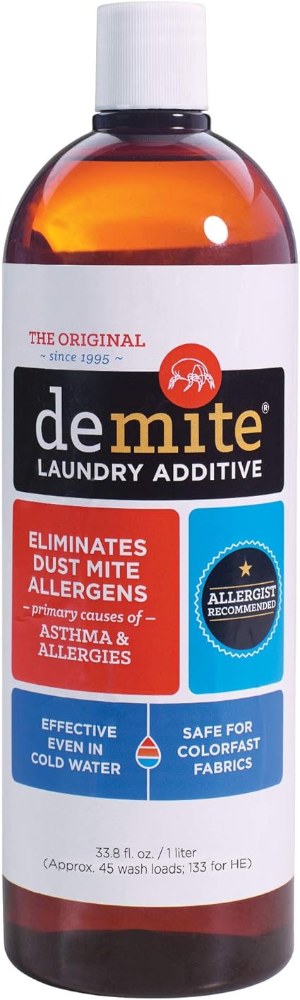 Amazon Com Demite Laundry Additive Allergen Eliminator Eco Friendly Fragrance Free Expiration Free Toxin Free Safely Removes Dust Mites And Allergens From Bedding And Clothes Hypoallergenic Solution 1 Liter Bottle