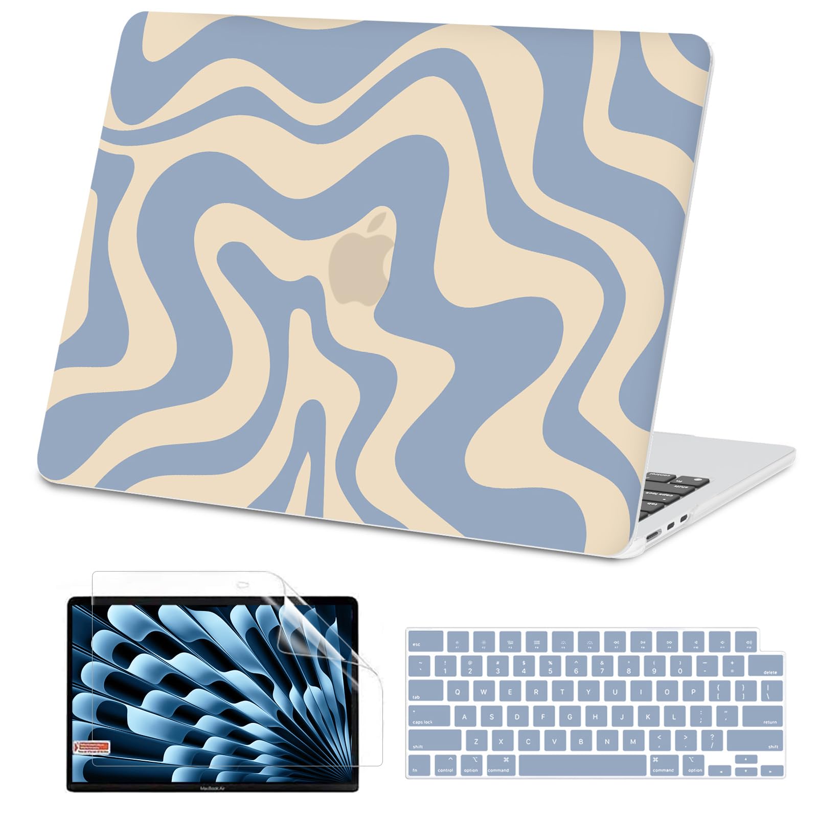 Photo 1 of AKIT Compatible with MacBook Air 13 inch Case 2026 2025 2024-2022 M4 M3 M2 A3240 A3113 A2681, Unique Pattern Hard Shell Laptop Case+Screen Protector+Keyboard Cover for Mac Air 13.6 inch, Blue Wave