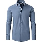 FAHIZO Men's Dress Shirt Casual Regular Fit Stretch Soild Long Sleeve Button Up Shirts
