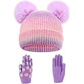 Girls Knit Beanie Hat and Glove Set Tie Dye Rainbow Pom Pom Beanies for Kids Winter Snow Ski Hats Caps 7-12 Years