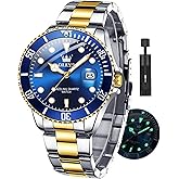 OLEVS Watches for Men with Date Luxury Big Face Waterproof Mens Wristwatch Analog Dress Two Tone Stainless Steel Man Watch Luminous Relojes De Hombre Calendar(Green/Blue/Black Dial