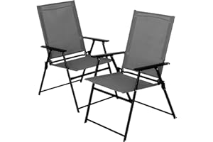 Nixtopia 2 Pcs Folding Patio Chairs, Outdoor Dining Chairs with Grey Sling High Back and Armrests Used for Camping Garden Backyard Pool Porch