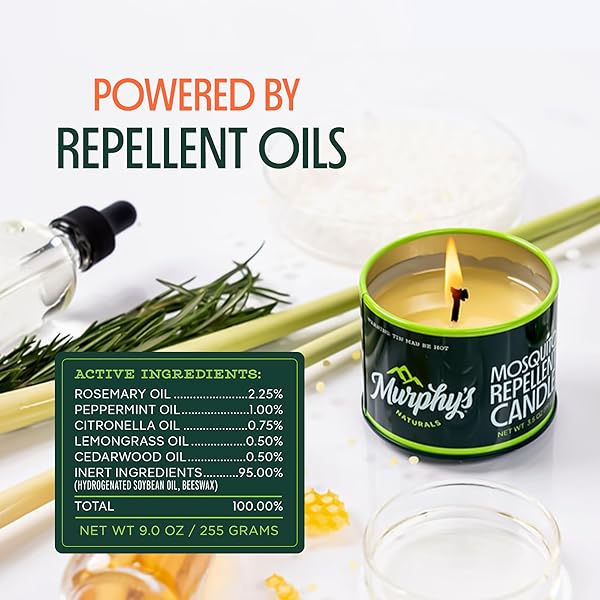 MURPHY’S NATURALS MOSQUITO BUG REPELLENT CANDLE FOR OUTDOOR PATIO, CITRONELLA & ESSENTIAL OILS, SOY/BEESWAX BLEND, 30-HOUR BURN TIME, 9 OZ, 1-PACK