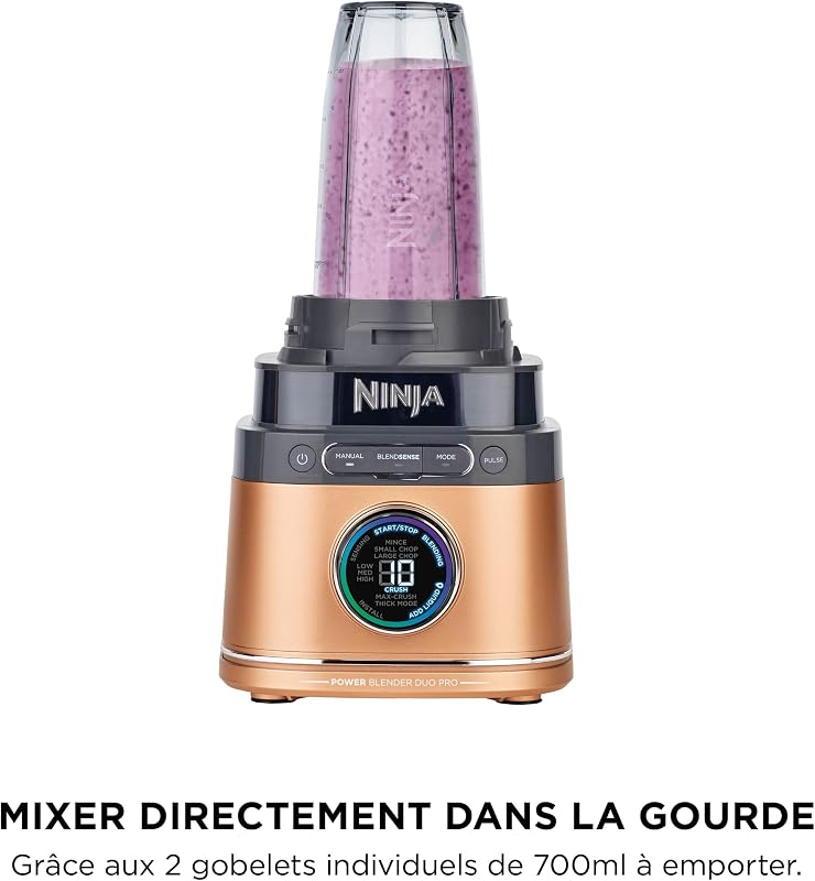 Detect Power Blender Pro & Single Serve 2-en-1, mixeur 1200W avec récipient 2L, 1 gobelets individuel, mixeur pour smoothies et boissons glacées, hachage de légumes, Noir & Cuivre, TB301EUCP