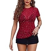 Avidlove Women Mesh Tops Short Sleeve Rhinestone Shirts Sheer Blouse Sexy Going Out Tops Sparkly Party Tops Summer