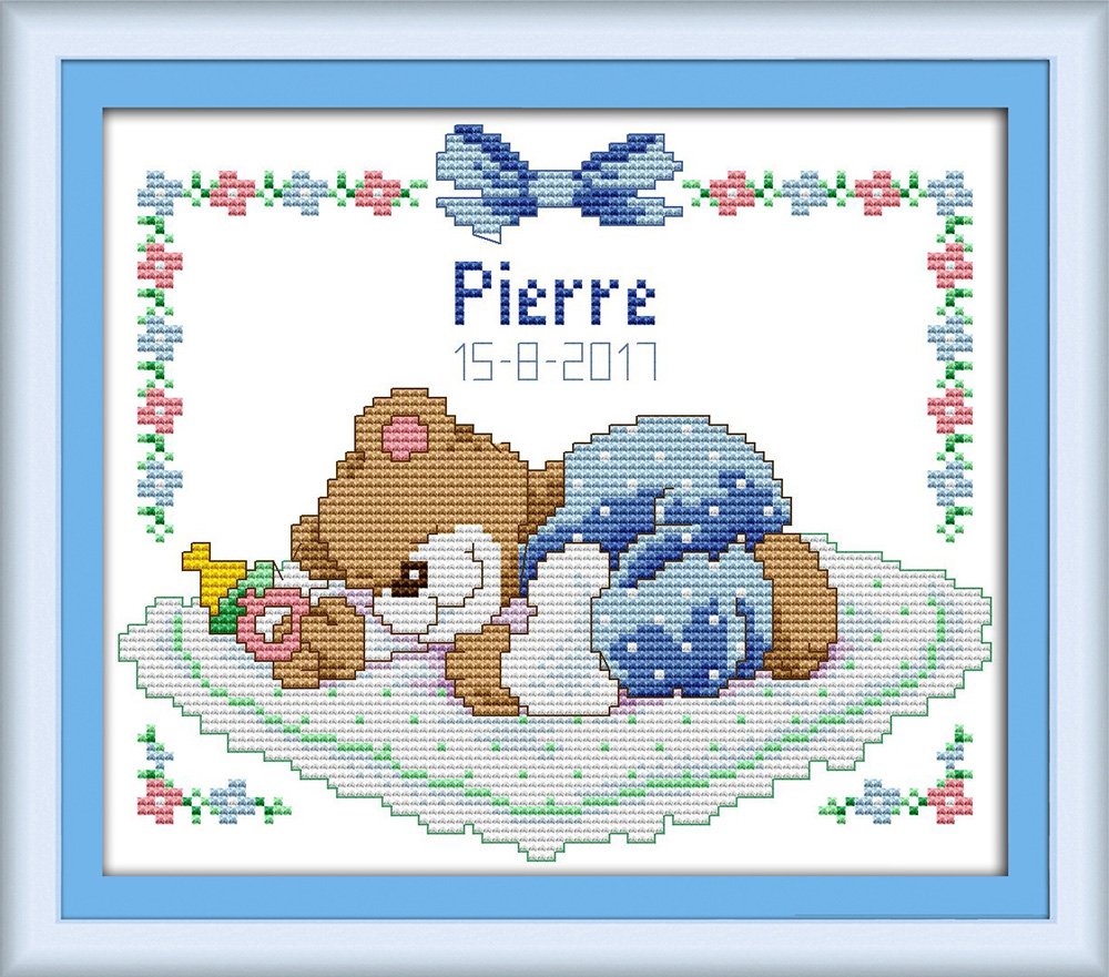 CaptainCrafts Cross Stitch Kits, Stamped Cross Stitch Preprinted Fabric DIY Art Embroidery Kits Needlework Crafts (Preprinted 11CT, Sleeping Baby Blue Bear)