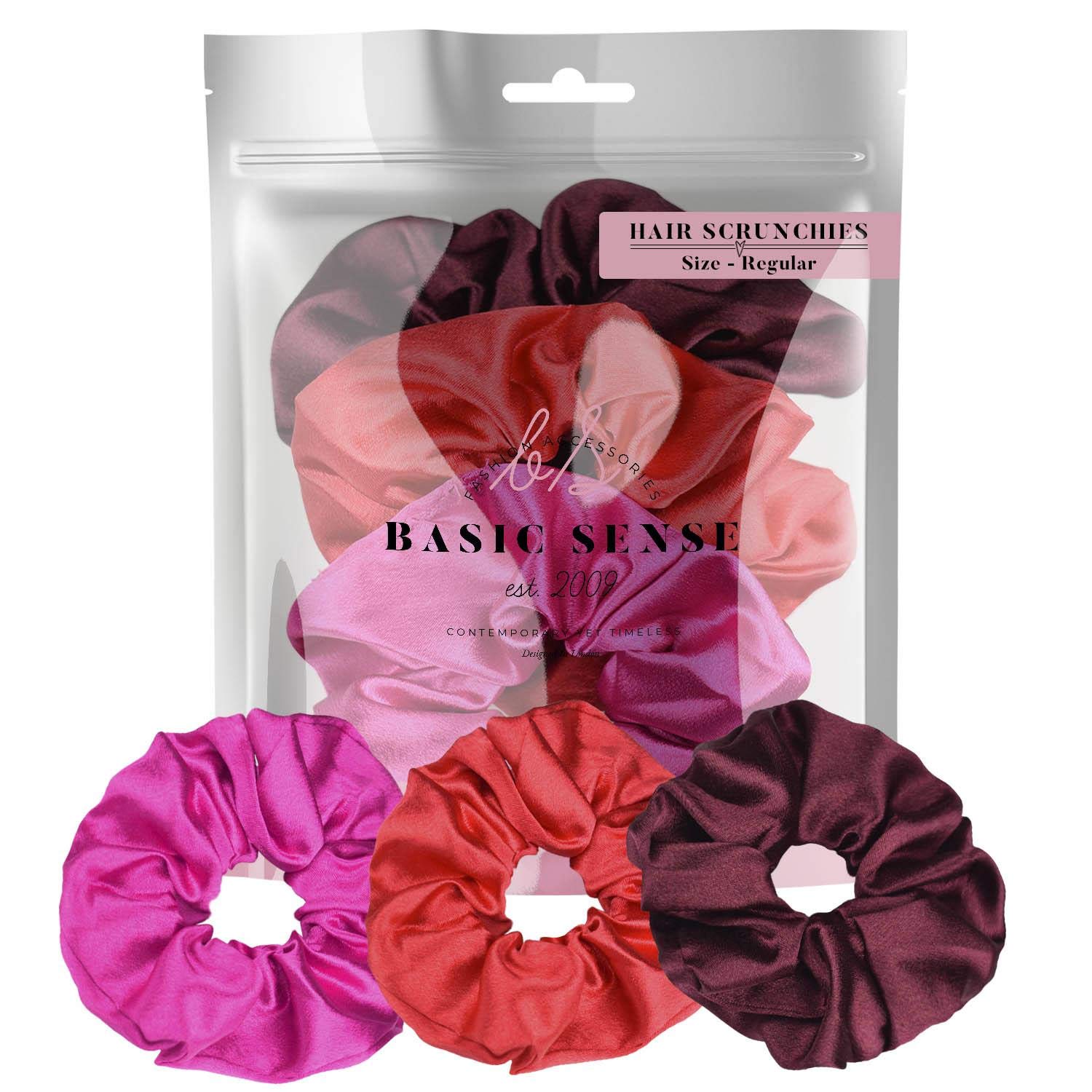 Luxurious Shimmering Hair Satin Scrunchies for Women Updo Ponytail Holder Ties Bands Elastic Bobbles Traceless Scrunchy, A set of 3pcs, Red Assortment