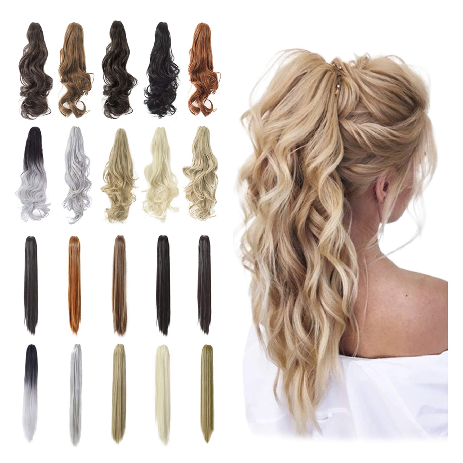 Photo 1 of Qunlinta Ponytail Extension - 18" & 20" Claw Curly, Wavy & Straight Clip-in Synthetic Ash Blonde & Light Bleach Blonde Mix