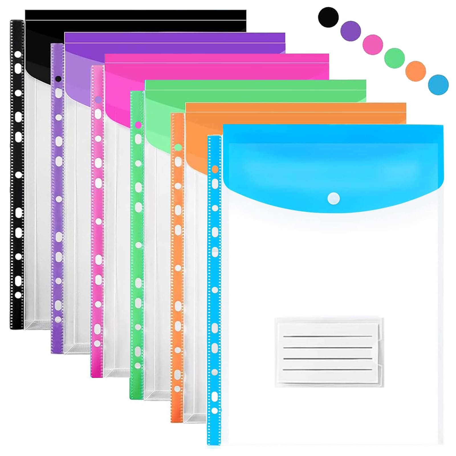 Punched Pockets A4 Plastic Wallets, 11 Holes Expandable Large Capacity Binder Pocket with Snap Button and Label Pocket, Plastic Envelope File Folders for School Home Office (Vertical-6 Packs)
