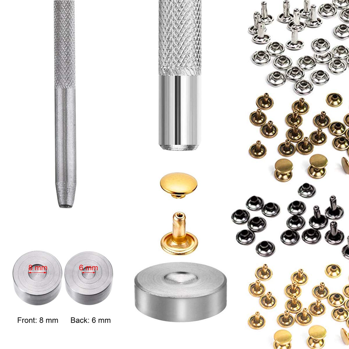 EuTengHao 484Pcs Leather Rivets Double Cap Rivet Tubular Metal Studs 3 Sizes with Punch Pliers and 3Pcs Setting Tool Kit for Leather Craft Repairs Decoration (Gold,Silver,Bronze,Gunmetal, 4 Colors)