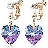Austrian Crystal Heart Drop Clip On Dangle Earrings for Women Non Pierced 14K Rose Gold Plated Hypoallergenic Jewelry