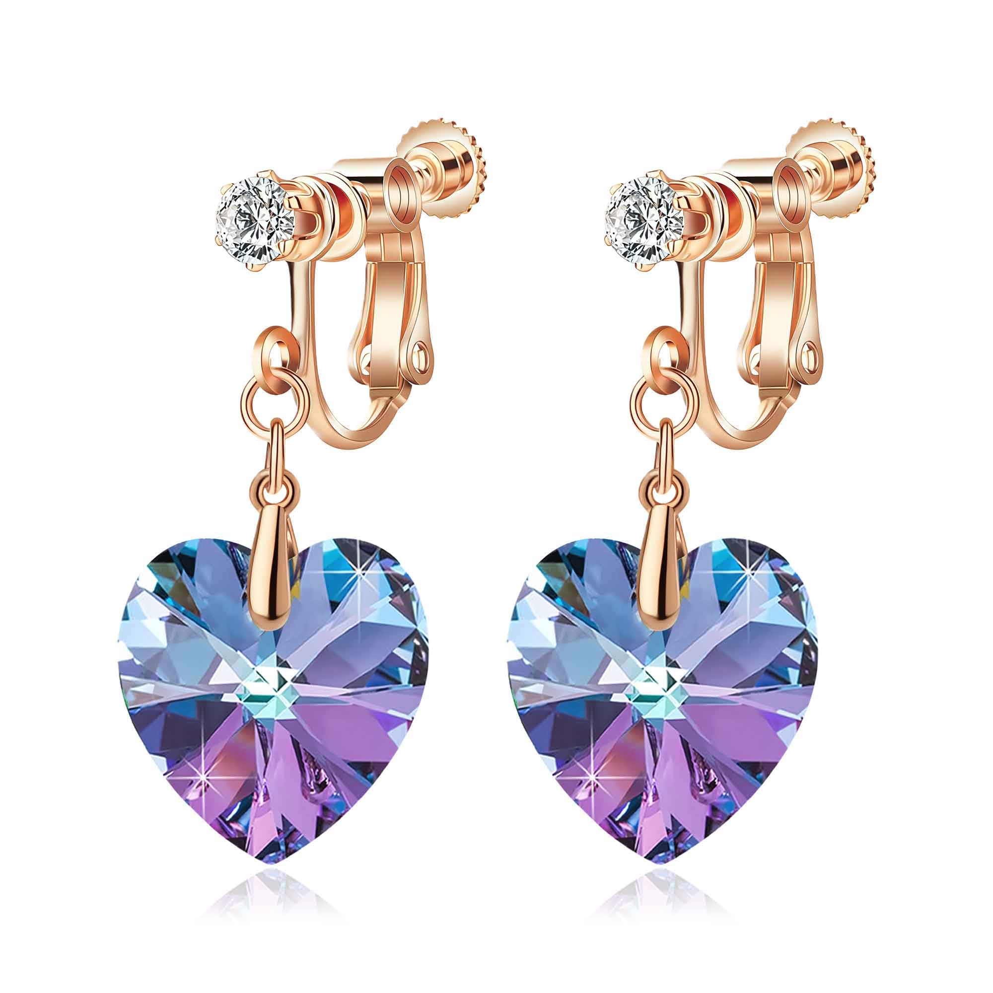 Swarovski Crystal Heart Drop Clip On Dangle Earrings for Women Non Pierced 14K Rose Gold Plated Hypoallergenic Jewelry
