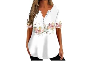 LEODYE Vintage Floral Tops for Women Casual V Neck Button Down Shirt Summer Short Sleeve Tunic Tops Loose Fit Plus Size Top