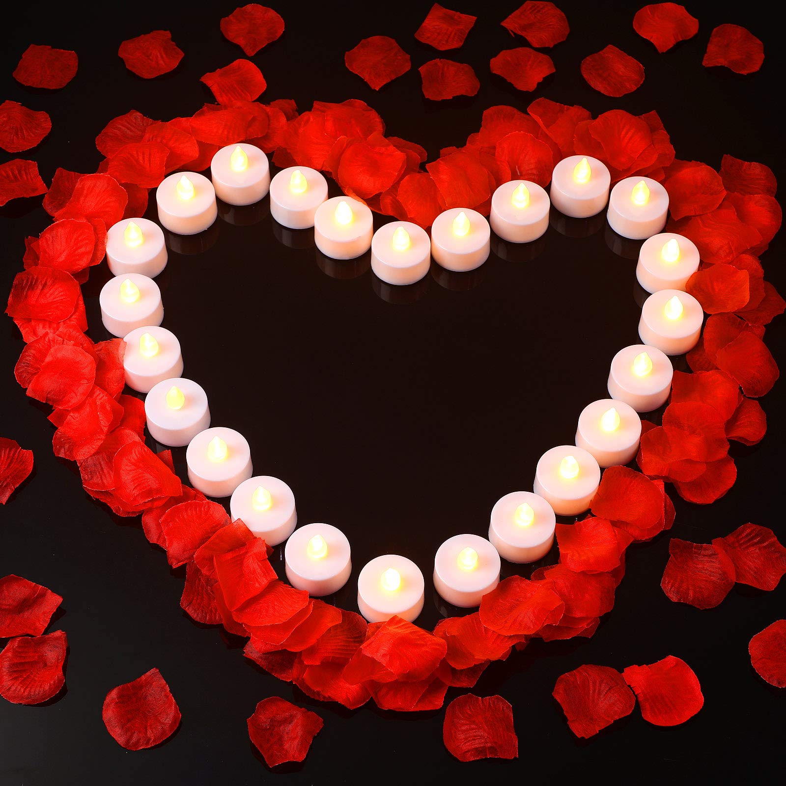 Mudder 1000 Pieces Artificial Fake Rose Petals with 24 Pieces Flameless LED Tea Lights Candles for Romantic Night, Valentine's Day, Wedding Flower Decoration, Anniversary, Honeymoon