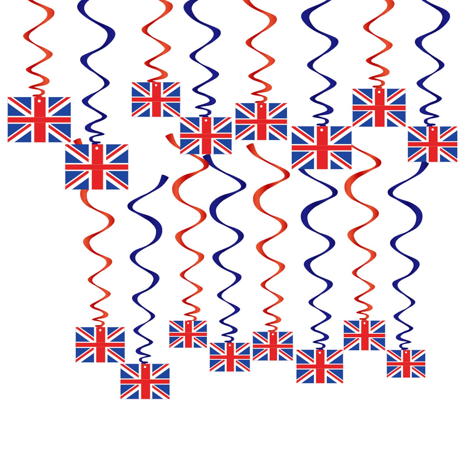 16PCS Union Jack Swirls Hanging for Coronation,King Charles III Coronation Party Hanging Swirls Blue Red Ceiling Foil Coronation Decor 2023,Hanging Swirl Decor for National Events King to the Throne