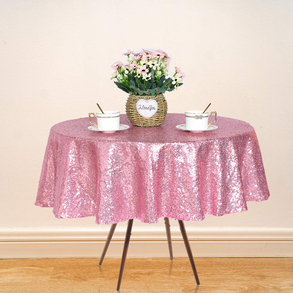 Photo 1 of JYFLZQ Rose Pink Sequin Tablecloth 50" Small Round Sparkly Drape Table Cloths Table Cover Overlay for Wedding Birthday Party Baby Bridal Shower