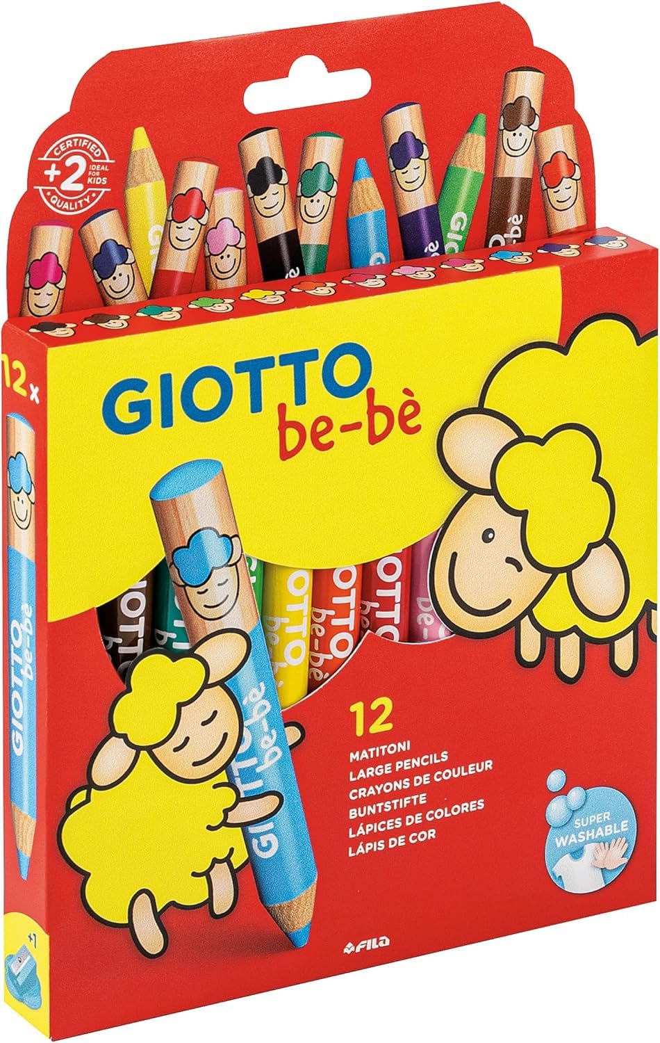 Giotto Be Be Jumbo Chunky Wood Colouring Pencil Crayons & Sharpener - 12 pack