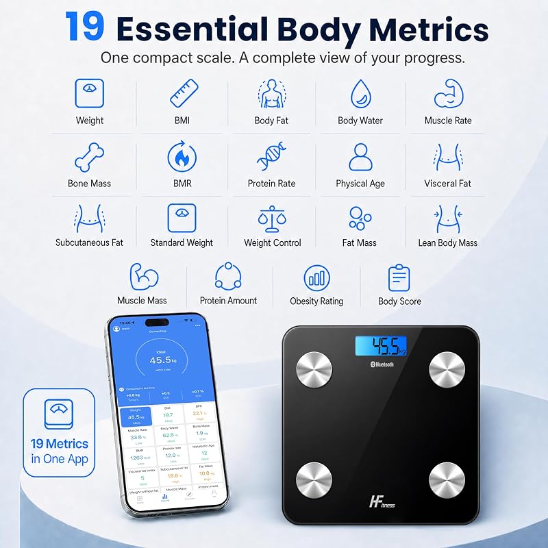HFitness Personenwaage mit 19 Körperanalysewerten, Große 28×28cm Trittfläche, Bluetooth Körperfettwaage mit App, Digitale Körperanalysewaage Schwarz