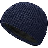 Simapu Short Wool Fisherman Beanie for Men Women, Fleece Lined Trawler Beanies Knit Cuffed Winter Warm Hat Skull Cap