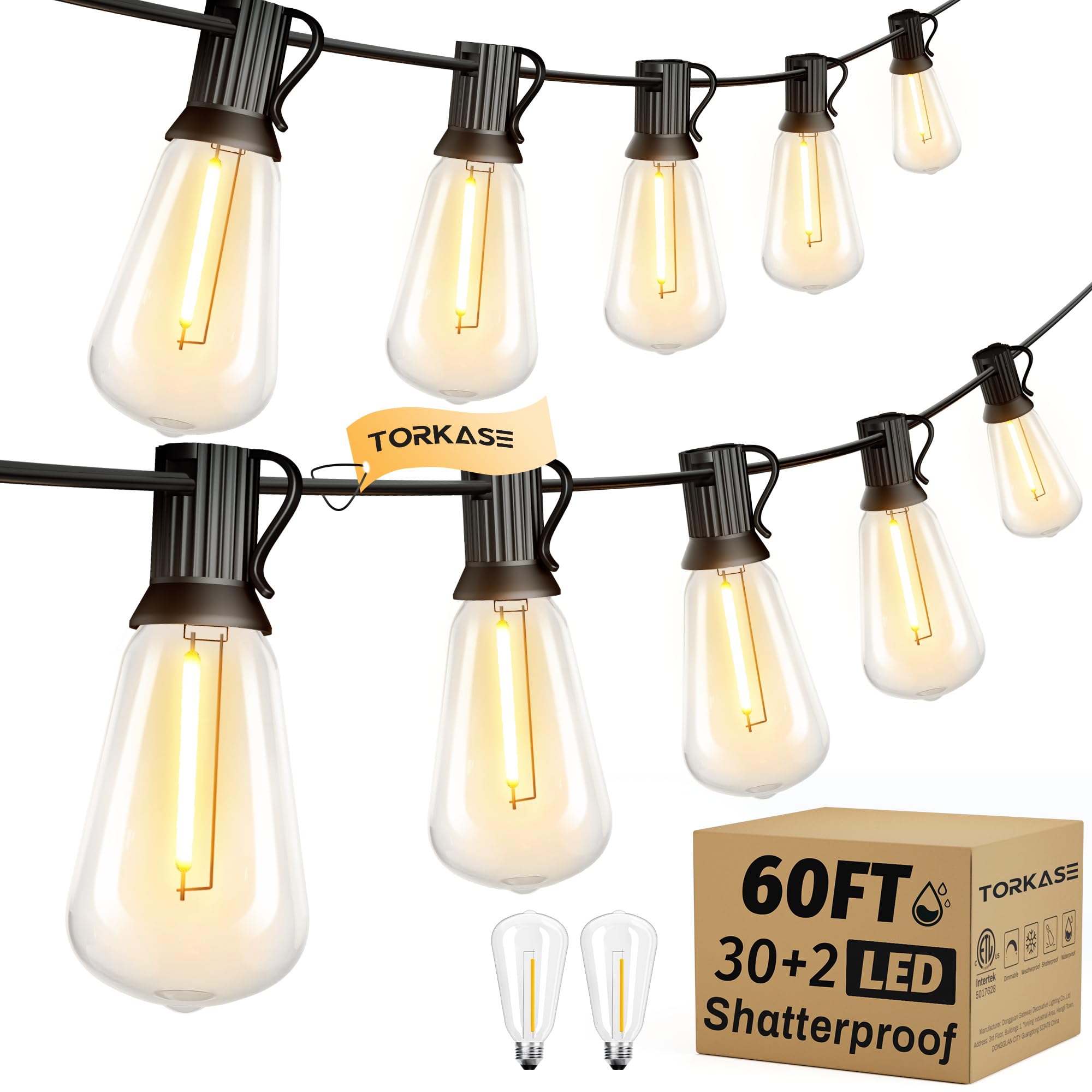 Torkase Garden String Lights, 18M/60FT IP54 Waterproof LED Festoon Lights Outdoor, Indoor Outdoor ST38 String Lights for Garden, Yard, Wedding, Christmas, Backyard, Terrace, Party, Patio(30+2 Bulbs)