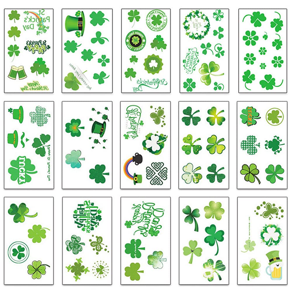 15Sheet St.Patrick's Day Shamrock Tattoos, St. Patrick's Day Temporary Tattoo Stickers Irish Lucky Tattoo for Kids Adults St. Patrick's Day Decorations Party Supplies