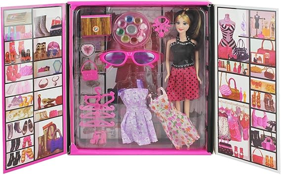 Mqfit Make up Doll with 2 Extra Dress | Hanger | Shoe Pair | Accessories | Make up Kit | Wardrope Style Box | Doll Size 30 cms (11.8 inches)