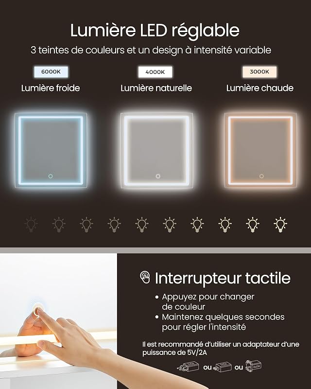 Kailyn Collection - Coiffeuse avec Miroir LED, Éclairage 3 Couleurs Réglable, Table de Maquillage, Largeur 90 cm, Tiroir, Multiprise, Rangement, Chambre, Style Moderne, Blanc Nuage RDT134WB01